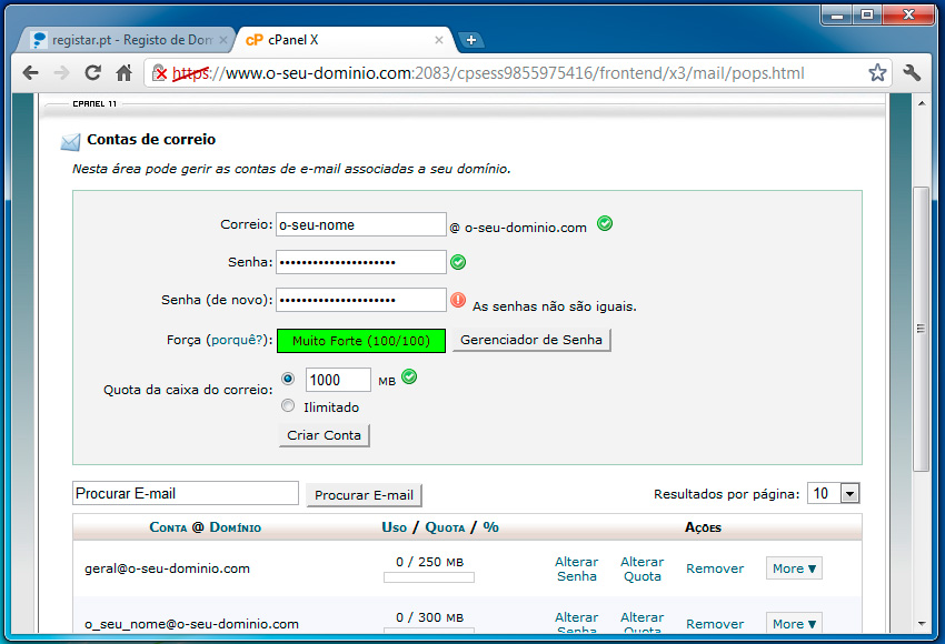 Formulário de criação de e-mail
