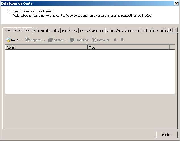 Microsoft Outlook - definicções de conta