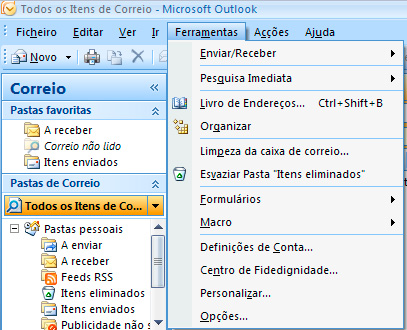 Microsoft Outlook - menu ferramentas